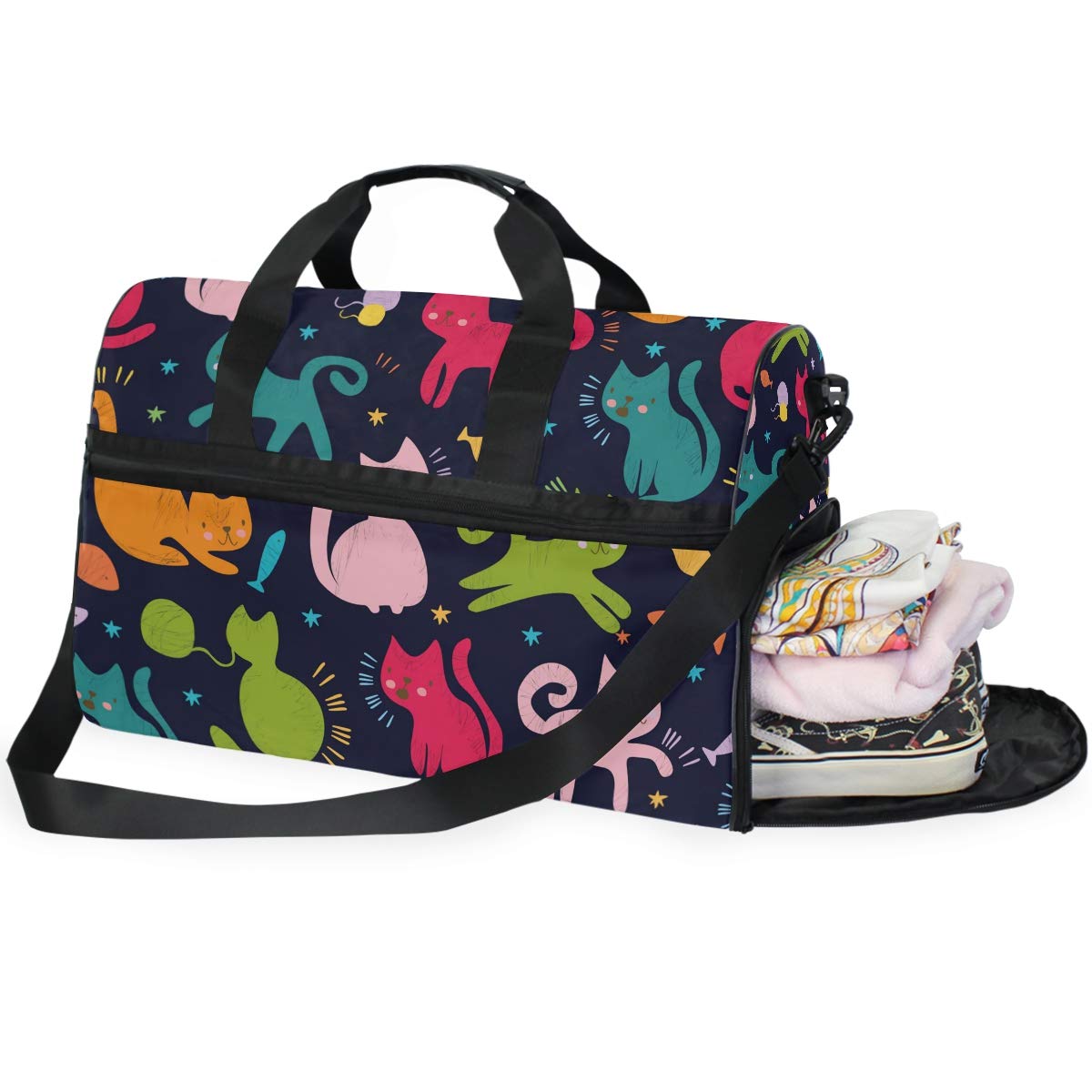 Cute Animal Cat Print Travel Duffel Bag for Women Men Sport Gym Bag with Shoes Compartment Overnight Weekend Bag
