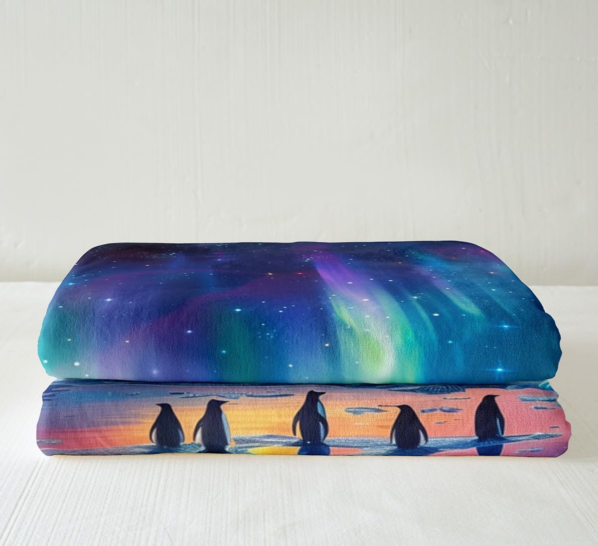 Erosebridal Aurora Australis Fleece Blanket Antarctic Southern Lights Fuzzy Blanket Twin for Boys Girls Southern Iceland Hill Mountain Throw Blanket Cute Penguin with Colorful Starry Sky Blanket