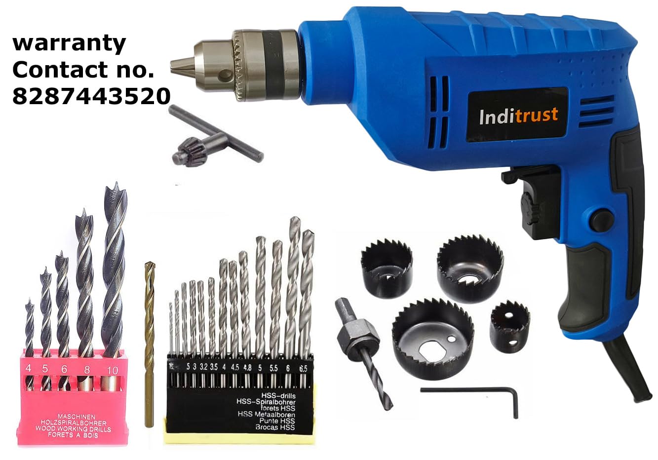 Inditrust New 6 Month Warranty 10mm Reversible Electric drill machine 400W with 1pc Masonry 5pc Wood 6pc Hole saw 13pc HSS Woo Drill bit set (Pack of 5) Pistol Grip Drill (BLUE) 100% Copper Winding - Image 7 thumbnail