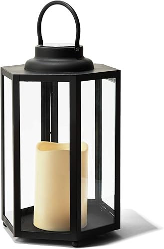 Miniatura 3 de Linterna grande para exteriores para patio, 14 pulgadas, metal negro y vidrio, vela de pilar impermeable, temporizador del atardecer al amanecer,