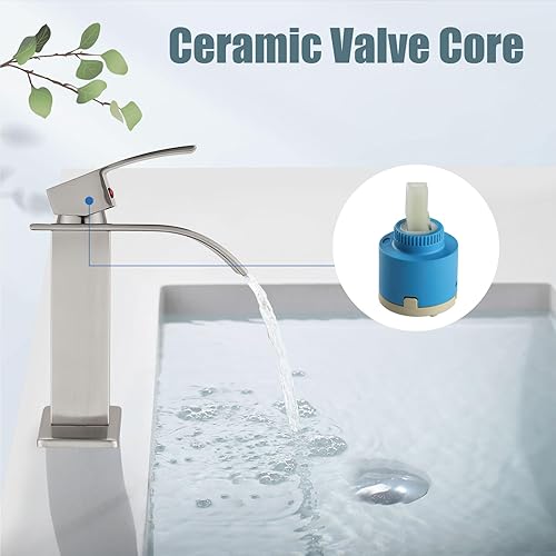 Miniatura 8 de Aolemi Grifo de baño con boquilla de cascada de níquel cepillado, una sola manija, 1 agujero, montaje en cubierta, lavabo mezclador de lavabo con