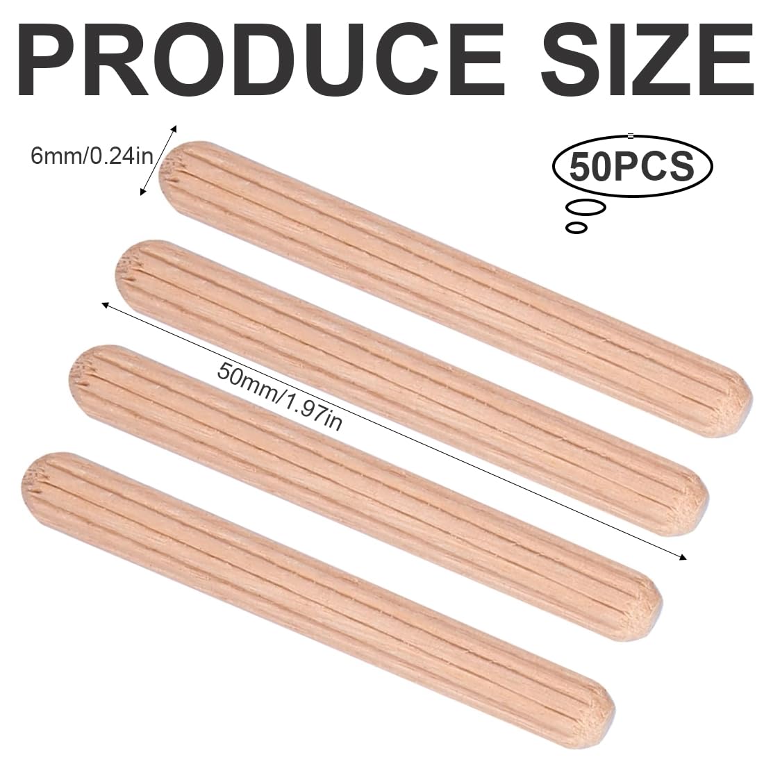 EIHI Tasselli in Legno Scanalati 50 Pezzi 6mm - Spine e Perni di Legno Duro per Mobili, Fai da Te