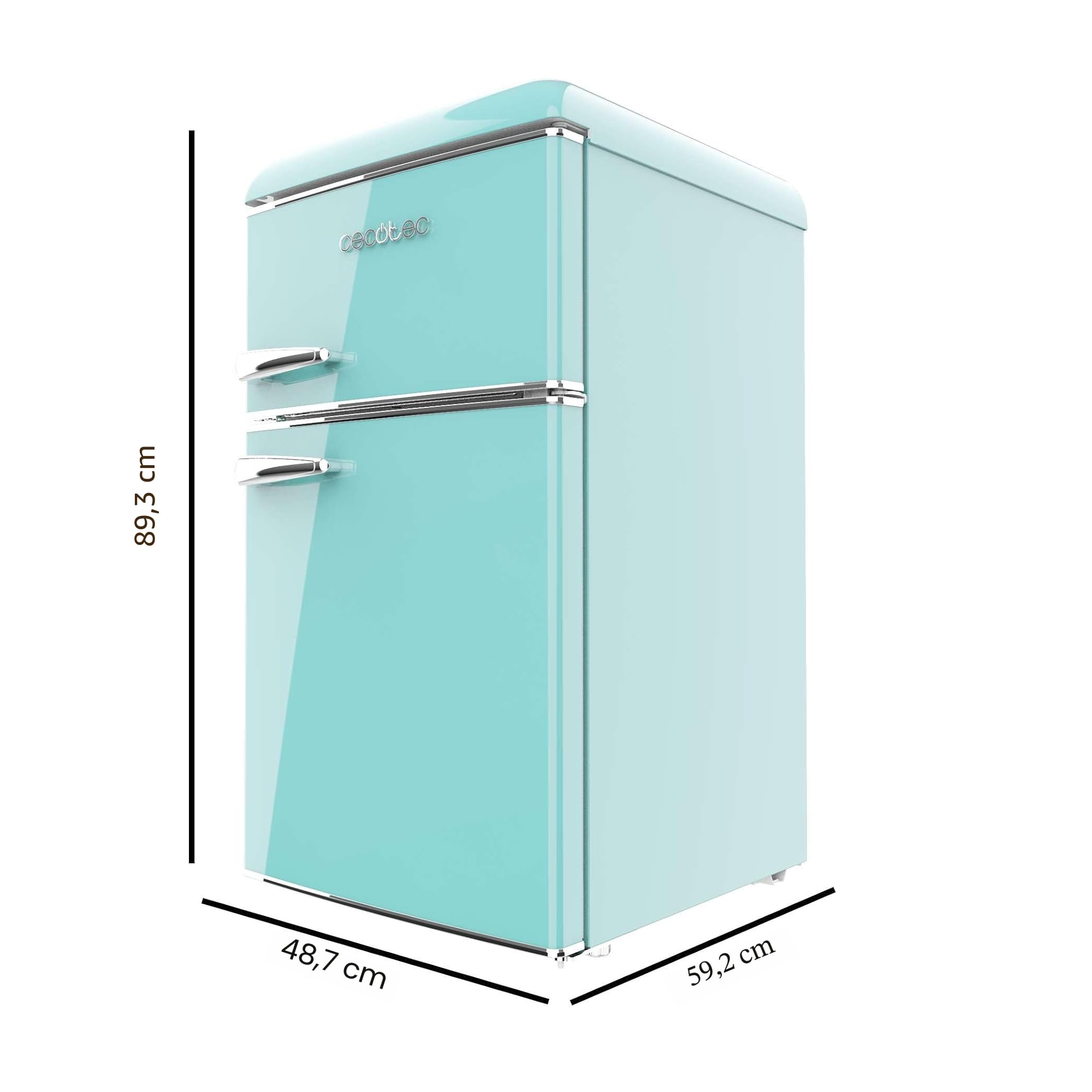Cecotec Kleiner Kühlschrank - 2-türiger Kühlschrank - Retro 86L Bolero CoolMarket 2D Origin 86 Green E. 89,3 cm Höhe und 48,7 cm Breite, Energieklasse E, Eisfach, Innenbeleuchtung und Chromgriff, Grün