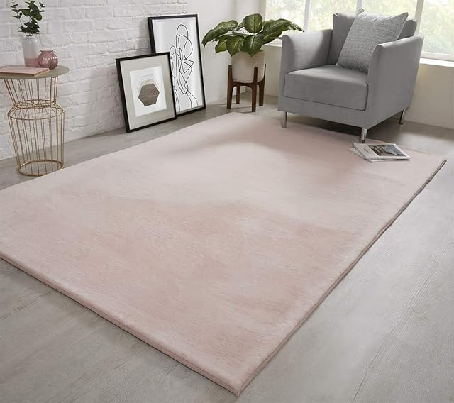viceroy bedding NATURAL FAUX RABBIT FUR Rug Ultra Soft Plush Extra Large Animal Rugs Living Room Wool Shaggy Fluffy 26mm Thick Pile Height Modern Area Rugs - (Blush Pink, 60cm x 110cm (2ft x 3.6ft))