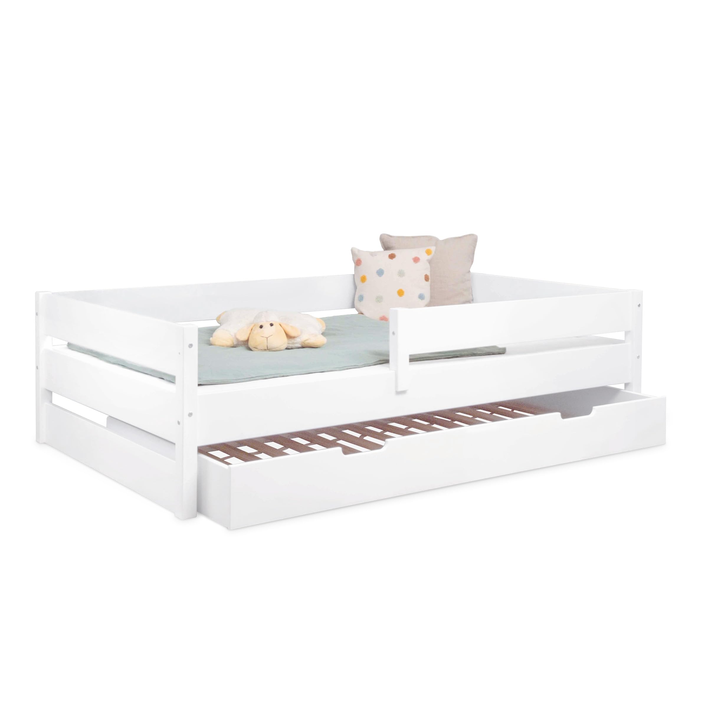 Ehrenkind® Kinderbett Buche Nova | FSC® Zertifiziert | Kinderbett mit Rausfallschutz | Massivholz inkl. Lattenrost | 120x200cm weiß mit Bettkasten | Bett 120x200 | Kinder Bett