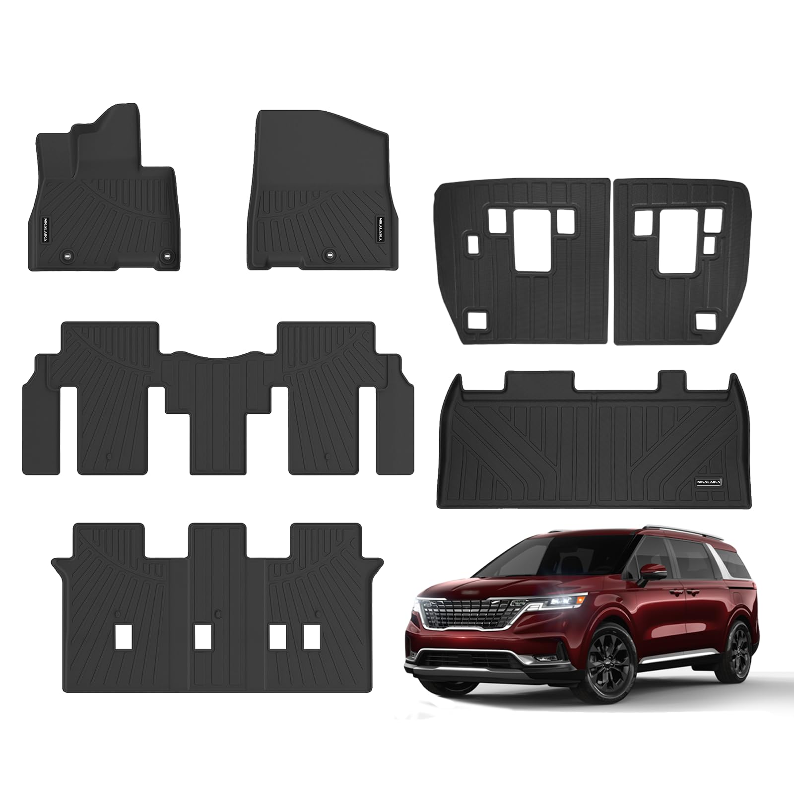 Floor Mats & Trunk Mat & Backrest Mat for 2025 Kia Carnival MPV Hybrid 8 Seats (Not for Fuel & Prestige Models) All Weather Protection TPE Rubber Floor Liners Full Set Automotive Accessories, Black