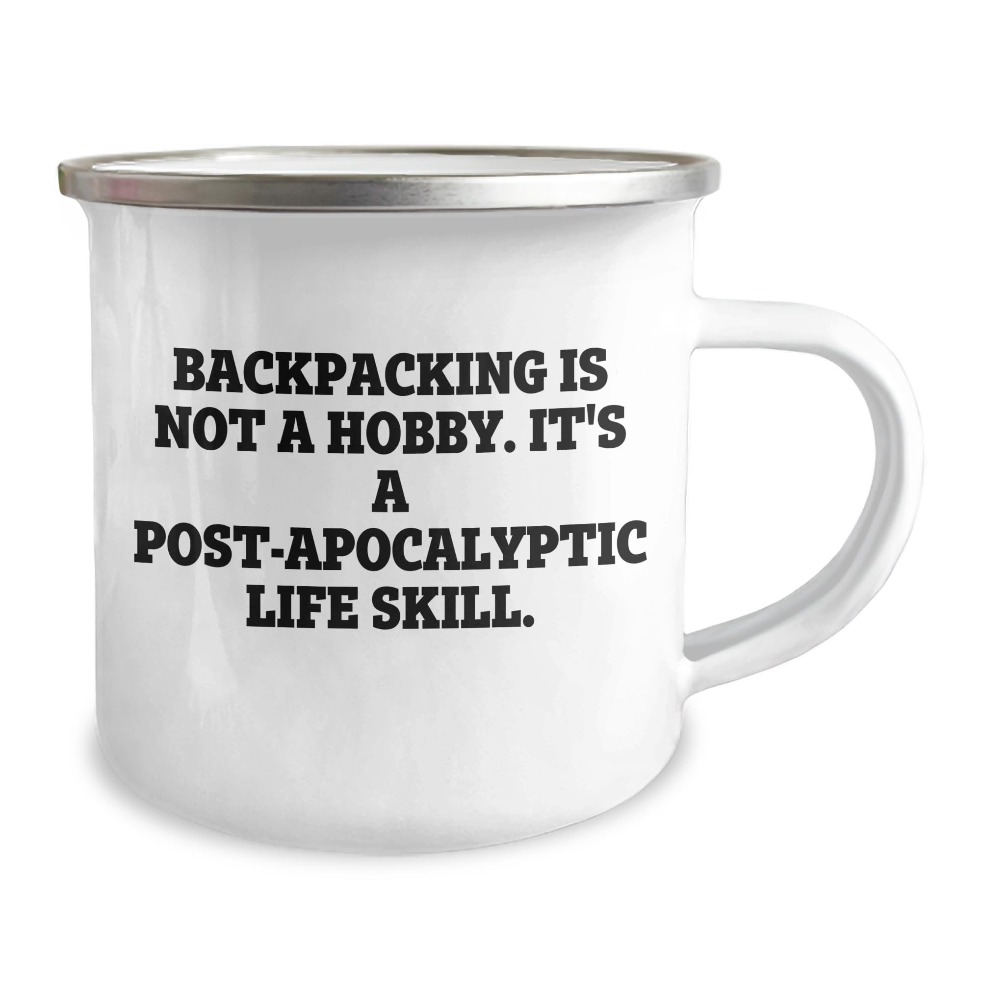 NAPAVI Funny Backpacking Gifts | 12oz Enamel Camping Mug | Great Backpacking Gear | Sarcastic Backpacking Life Skill Mugs | Gifts for Dad on Father's Day