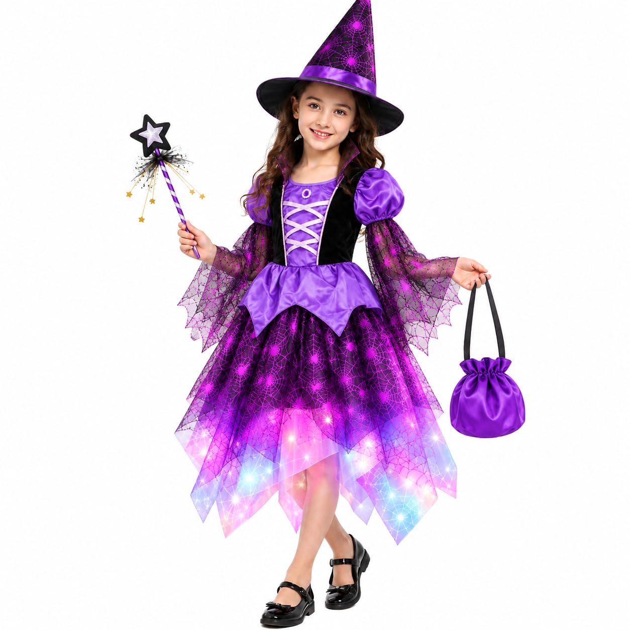 Girls Witch Costume Set Kids Halloween Cosplay Party Dress Up Toddler Fancy Dress Birthday Cotton Outfits with Hat, Magics Wand and Candy Bag