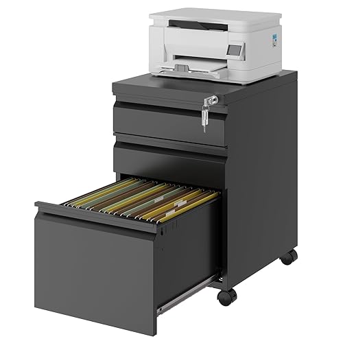 NODHM Rolling File Cabinet with Lock, 3 Drawer Metal Mobile Filing Cabinet Legal/Letter Size, Fully Assembled Except Casters, Black - Black - Small-3 Drawers-fully