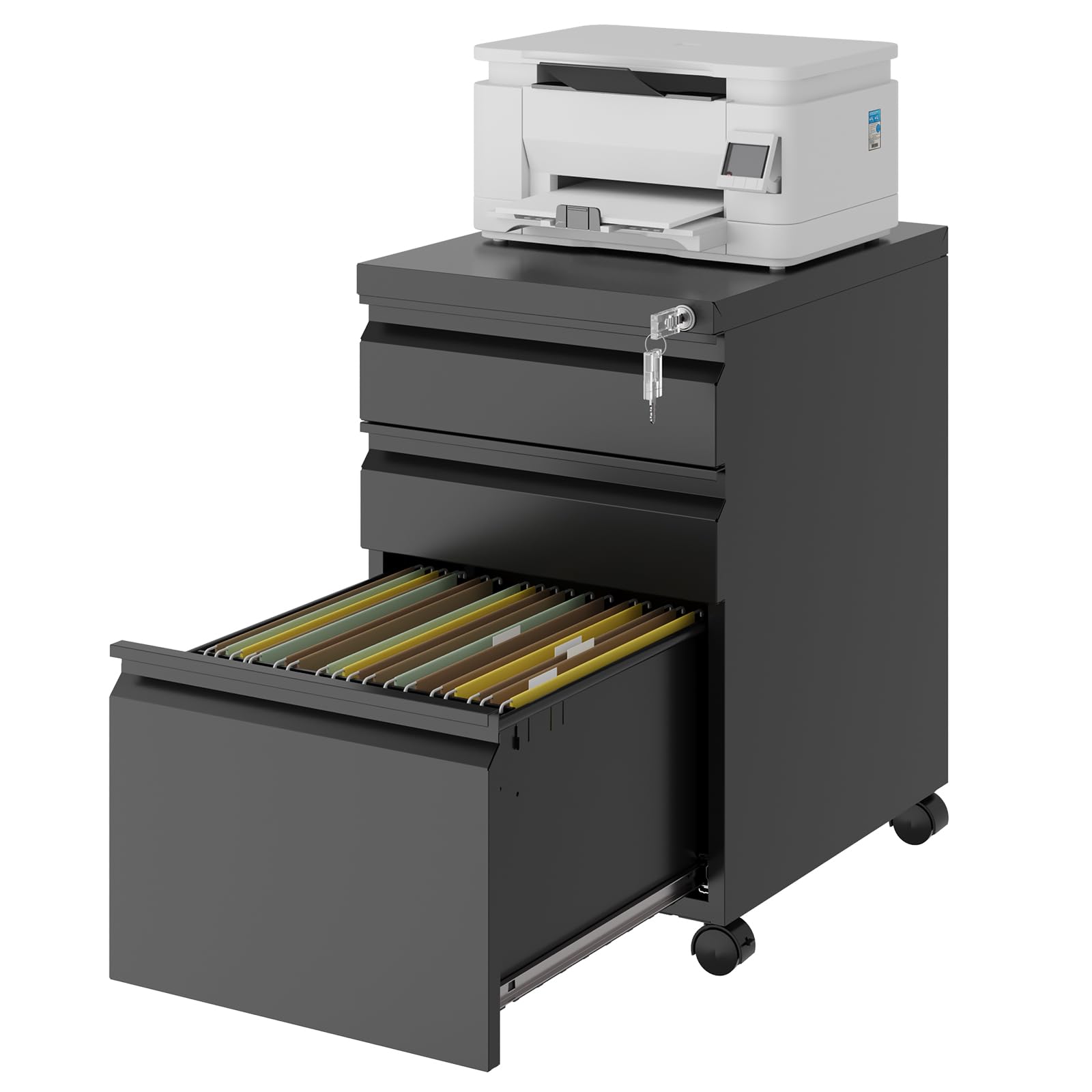 Photo 1 of NODHM Rolling File Cabinet with Lock, 3 Drawer Metal Mobile Filing Cabinet Office Under Desk File Cabinet for Legal/Letter Size, Fully Assembled Except Casters (E Style, Black) Black E Style