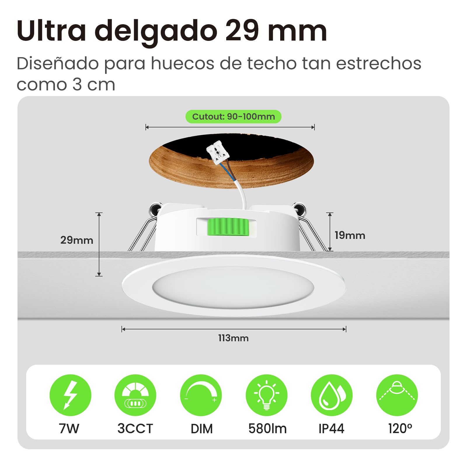 ALUSSO LIGHTING Focos Led Interior Techo,7W 550LM downlight led techo empotrable,3CCT 3000K 4000K 6500K, IP44 Corte 90-100mm, Foco Empotrable Led Techo Para baño,dormitorio,Blanco,12 Pack