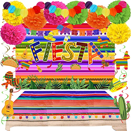 ZERODECO Décorations de fête – Toile de fond de fête sur le thème mexicain, nappe en plastique, pompons en papier multicolores, tourbillons sur le thème du festival pour Fiesta Mexicana