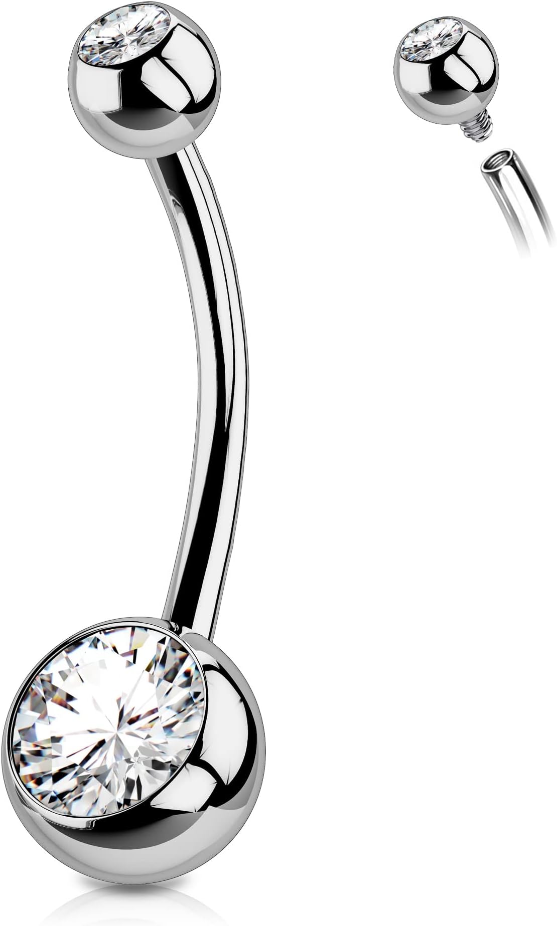 Titanium Belly Button Rings, Female Thread, 14mm Long, Belly Button Ring, Round CZ Navel Rings for Men and Women, Titanium, Cubic Zirconia, Titanium, Cubic Zirconia