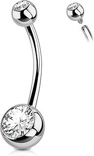 Titanium Belly Button Rings, Internally Threaded 14mm Long Belly Ring, Round CZ Navel Rings for Women Men