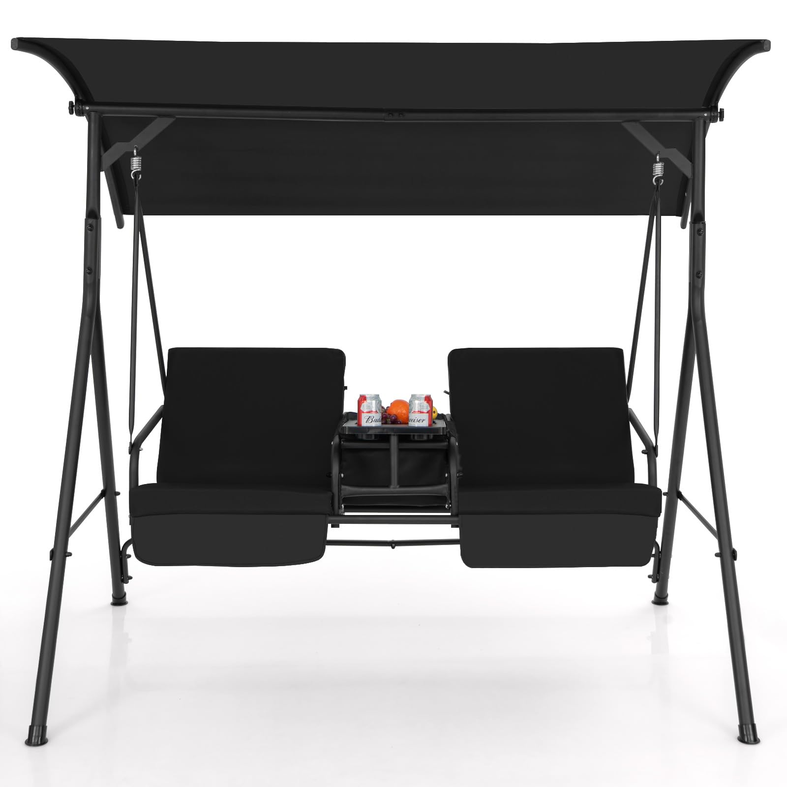 KOMFOTTEU Columpio de Jardín para 2 Personas, Balancín Terreza Exterior con Toldo Ajustable, Banco Mecedora con Bandeja y Bolsa de Refrigeración, para Balcón, Patio (Negro)