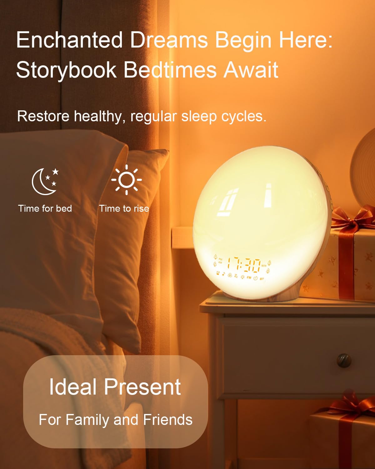 Reloj despertador inteligente con luz de amanecer y amanecer, simulación de amanecer, 4 alarmas, radio FM, grano de madera