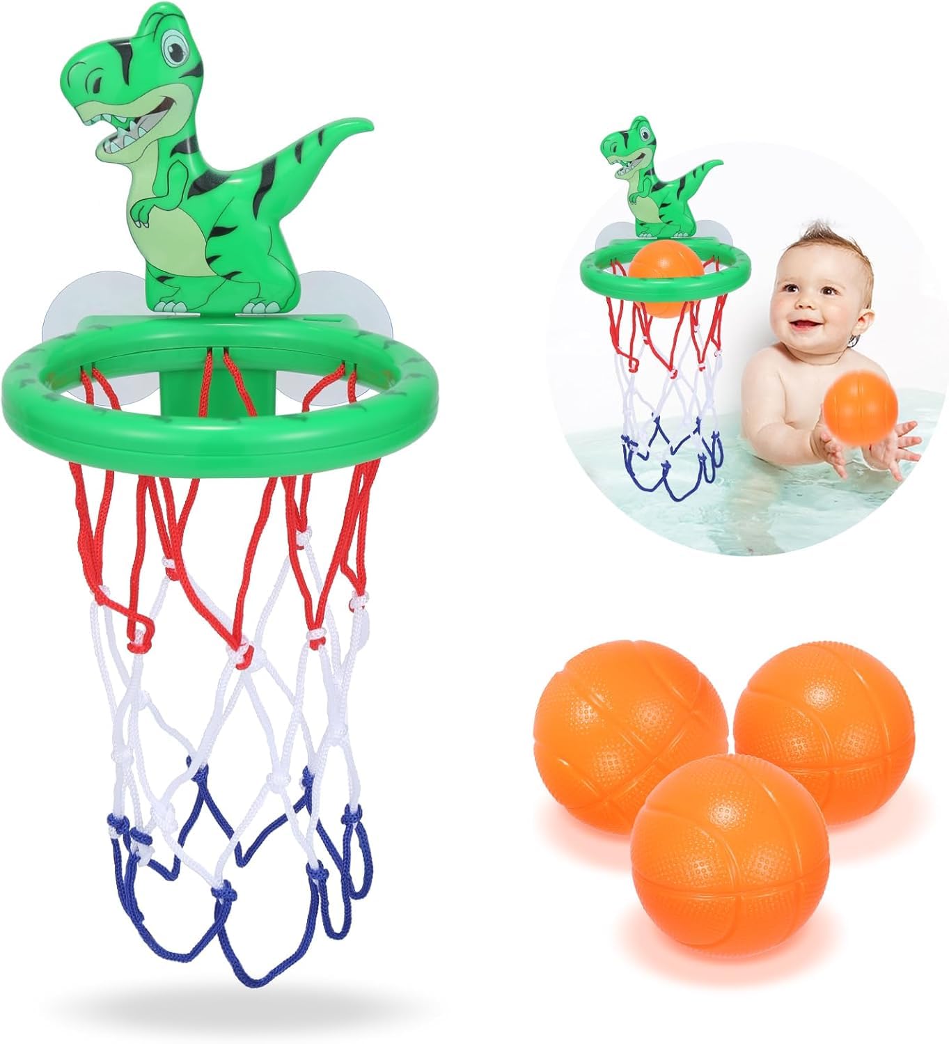 Bath Toy Basketball Hoop Set for Toddlers Ages 1-3 & 4-8, with Strong Suction Cup and 3 Mold-Free Balls, Bathtub Shooting Game for Boys Girls Baby (Green)