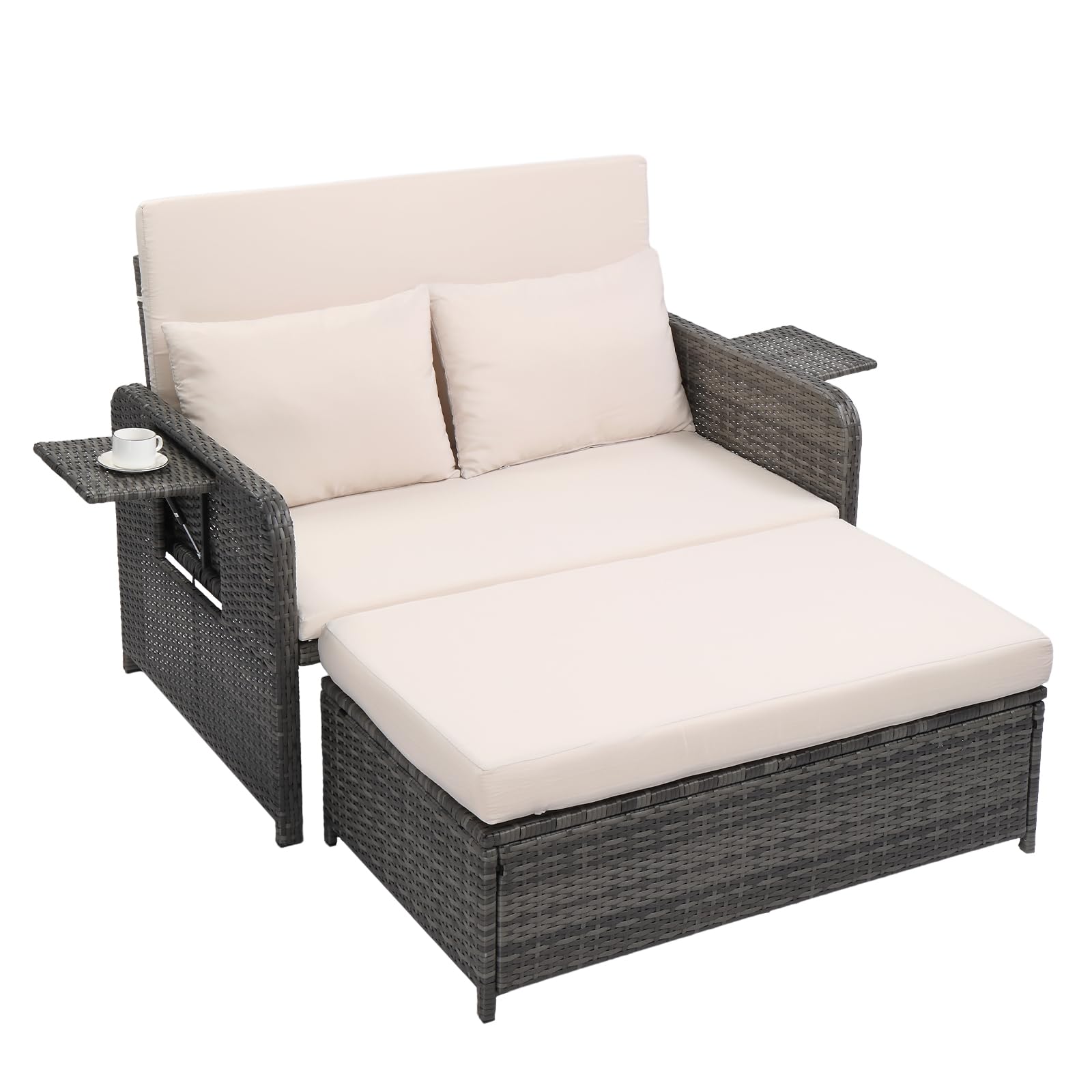 VINGLI Patio Daybed, Wicker Outdoor Daybed with Storage Ottoman & 5-Level Adjustable Backrest, All-Weather Rattan Cushioned Patio Loveseat Sofa for