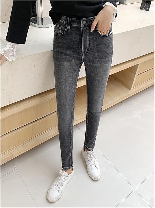 Amazon Co Jp 冬の厚いプラスベルベットの女性のハイウエストスキニージーンズシンプルなフリース暖かいスリムフィットストレッチレディースカジュアルデニム鉛筆パンツ 色 Black Gray Velvet Size 32 服 ファッション小物