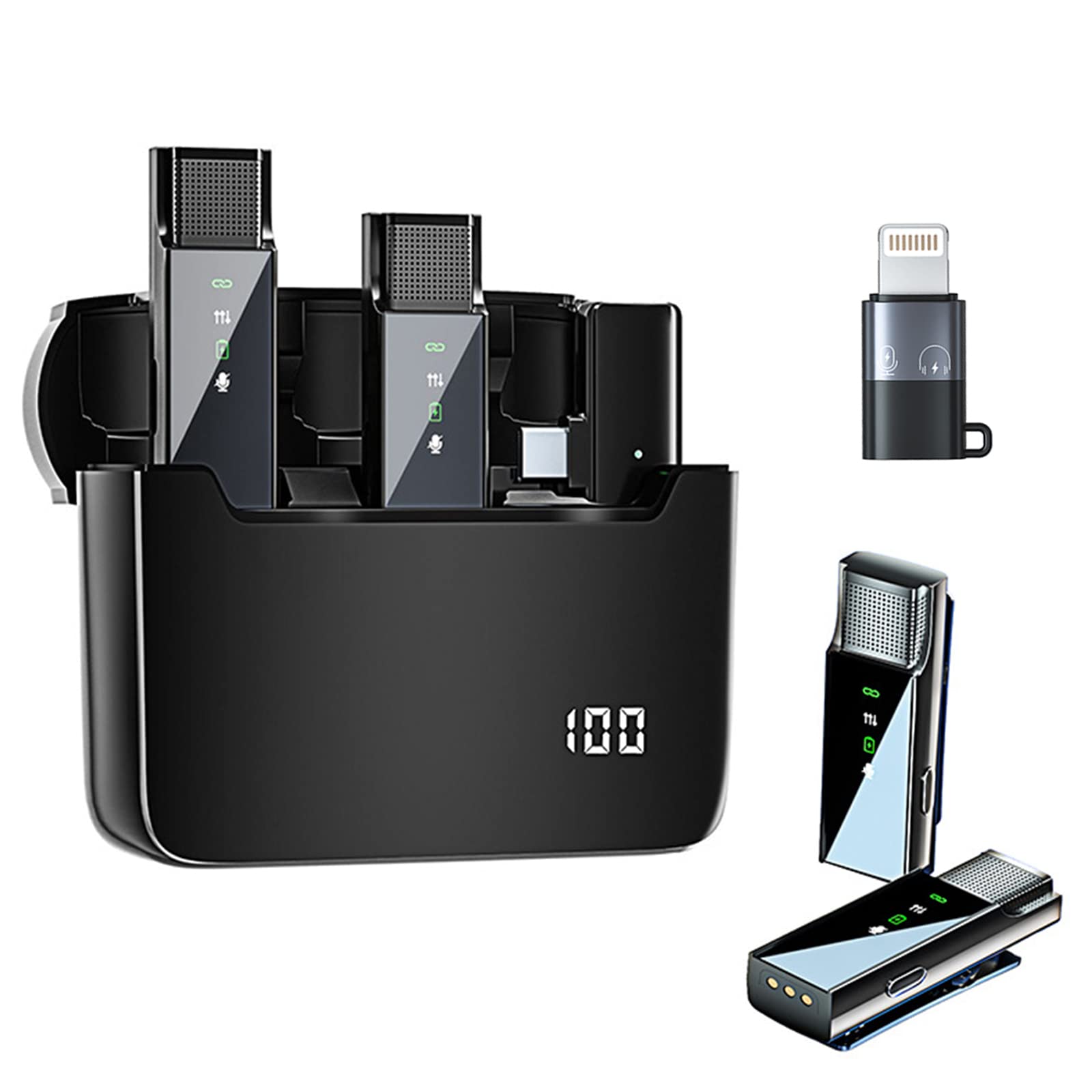 HongTu Wireless Lavalier Microphone for iPhone iPad Android Low Delay Microphone Mic 2.4G Professional Wireless Lapel Mic with Charging Case and Converter for Phones,Laptop,Tablet,Plug-Play,Auto-Sync