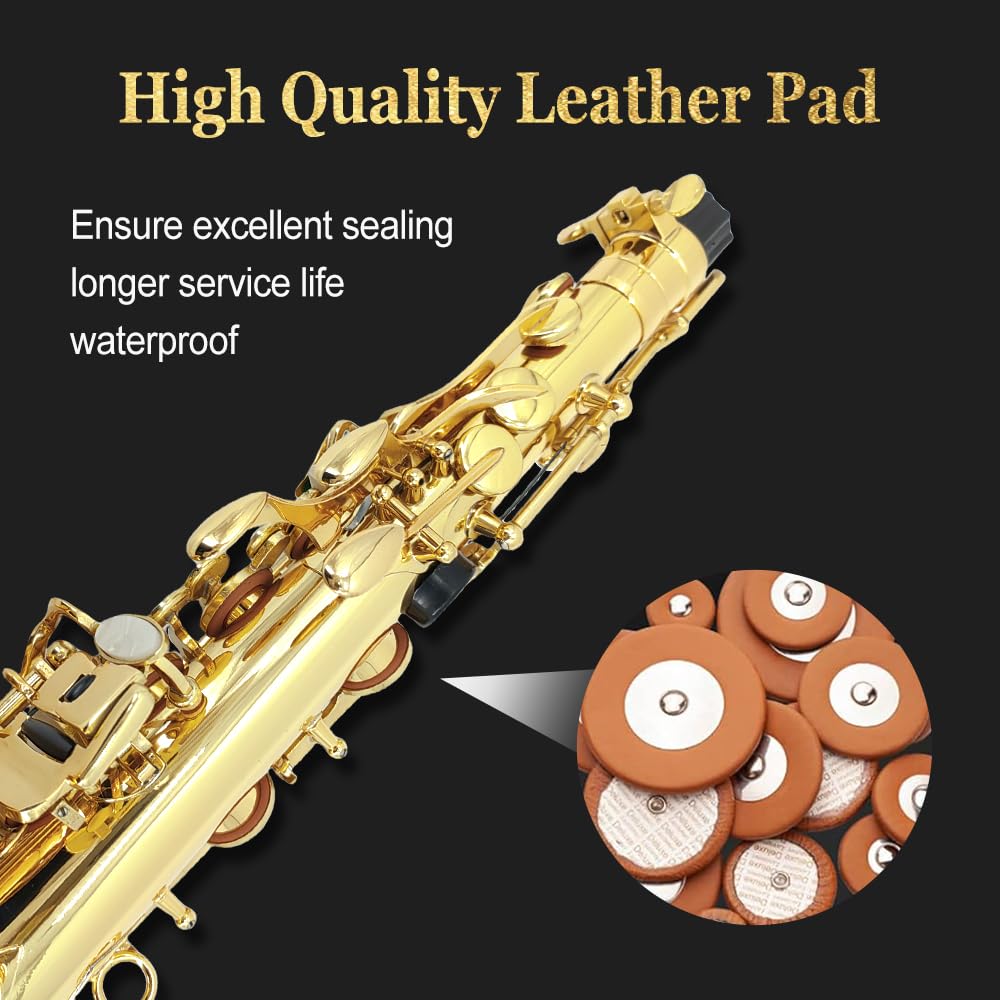 Saxofón alto E-plano, laca dorada con cuerpo de latón, incluye funda, boquilla, cañas, correa para el cuello y más, ideal para principiantes y principiantes (dorado)