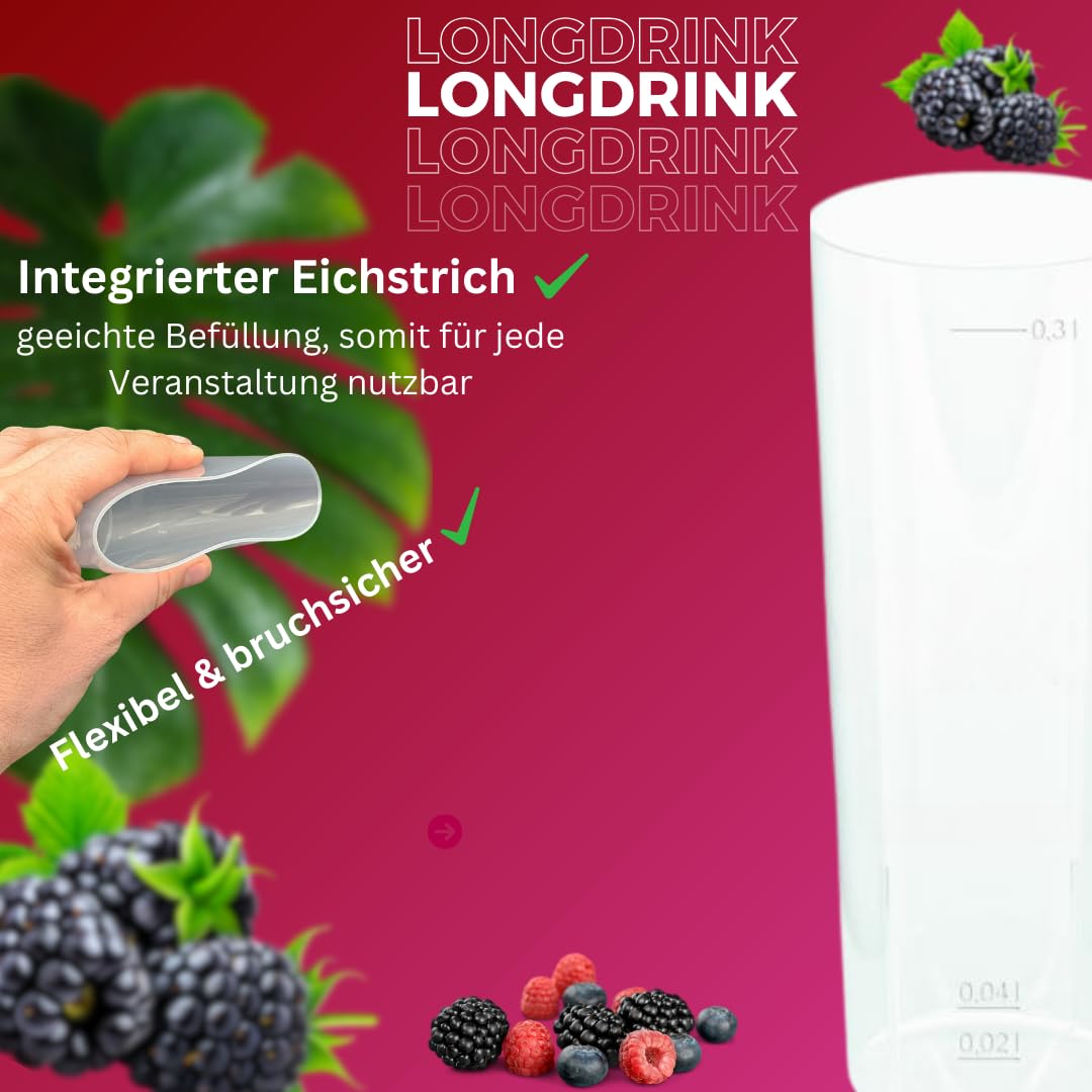 200 Longdrinkbecher | Mehrwegbecher 300ml Made in Germany | Getränkebecher mit Eichstrich | wiederverwendbar | Transparent aus PP | Trinkbecher 0,3l | Bierbecher | Partybecher