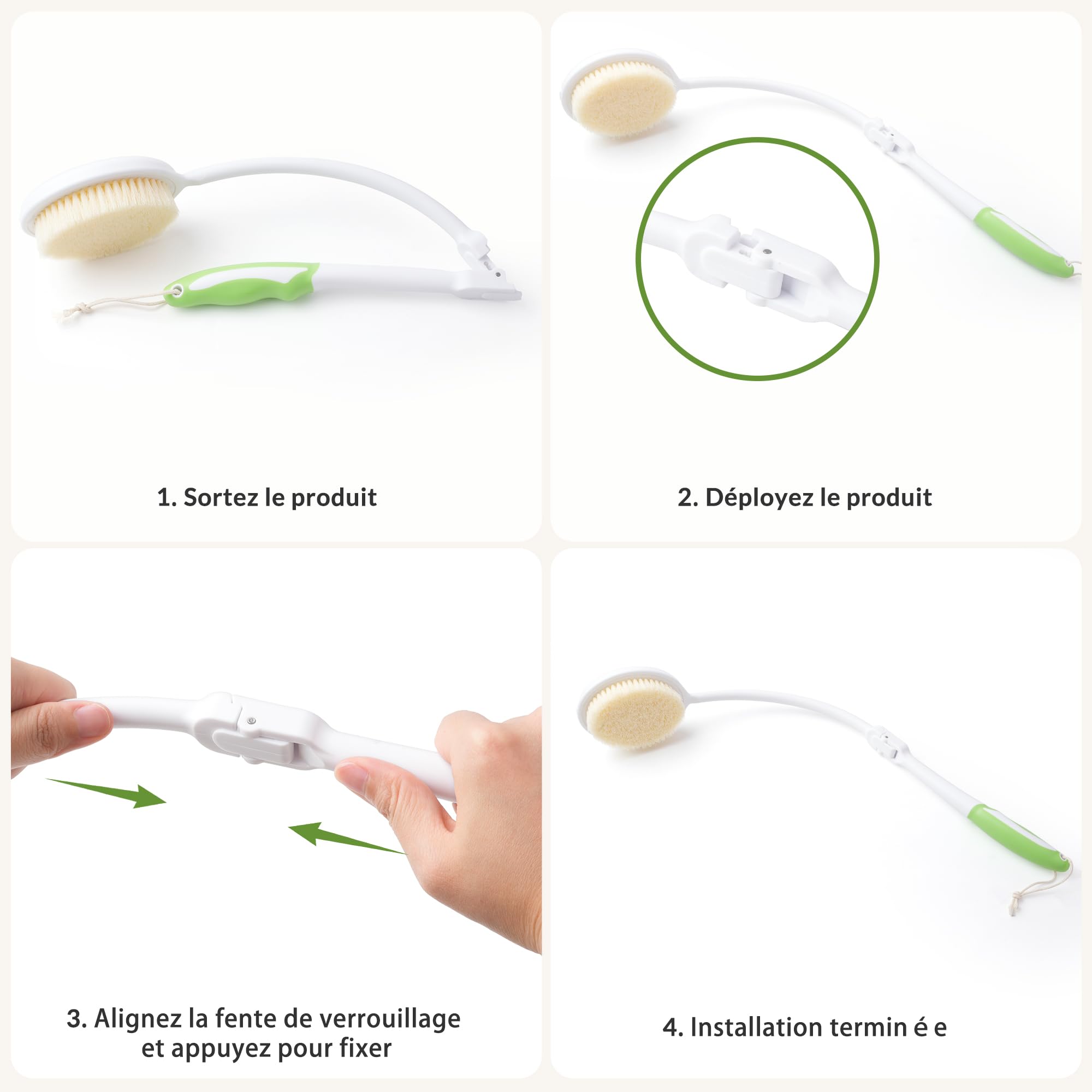 Brosse Dos Douche Pliable à Long Manche – Brosse pour le Dos Douches avec Poils Souples et Serviette Incluse, Brosses Douche Dos Ergonomique pour Nettoyage Corps Entier