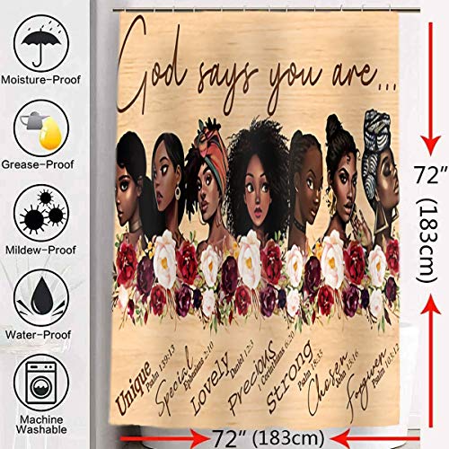 Asyourwish African Women Shower Curtain Set With 12 Metal Hooks, God Say You Are Black Girl & Flower Inspiration Quote Design Farmhouse Rustic Decorative Bathroom Curtain 72×72 Inches #TOP3