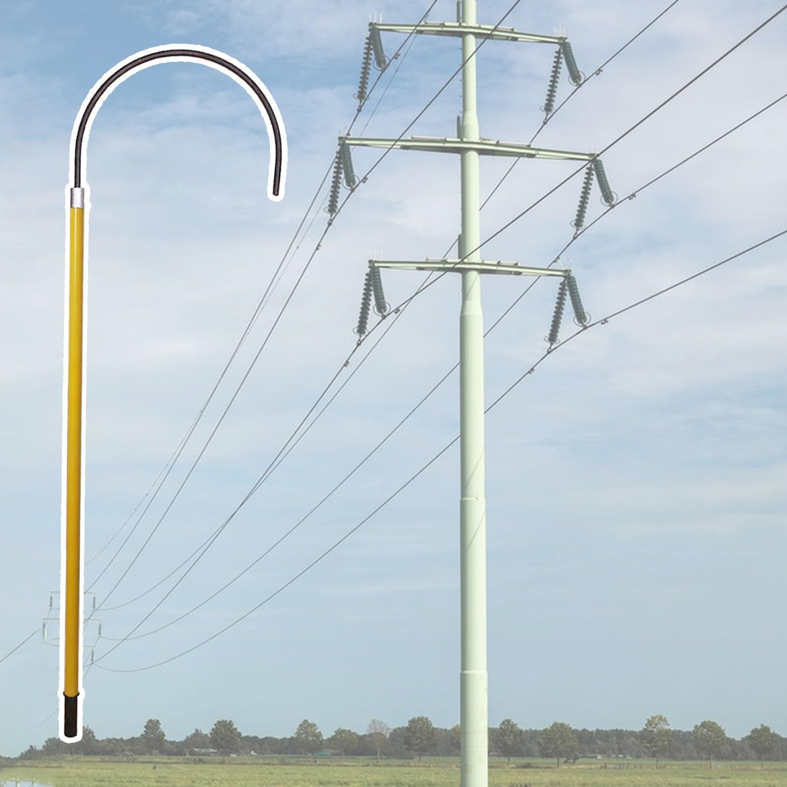High Voltage Insulated Rescue Hook and Pole, 3 5 6 10 Ft Electrical Safety Fiberglass Insulated Pole with Rubber Handle, Detachable Hook 16 1/2" Opening(Yellow,2m/6.5ft(110kv))