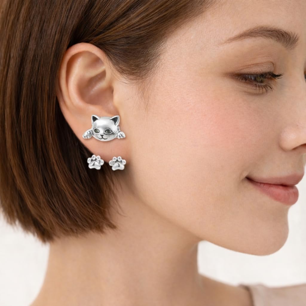Cute Funny Kitten Cat Earrings for Women Weird Silver Studs Earring Modern Dainty Compact Unique Design Animal Earrings Jewelry Gifts for Women - Image 2