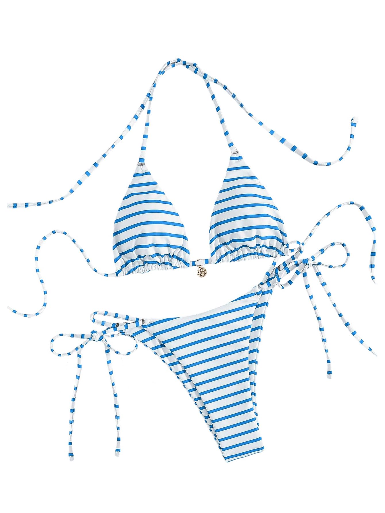 Costume da Bagno A Due Pezzi for Donna Set Bikini con Stringhe all'Americana A Righe Costumi da Bagno Sfacciati dal Taglio Alto Blu E Bianco Piccolo