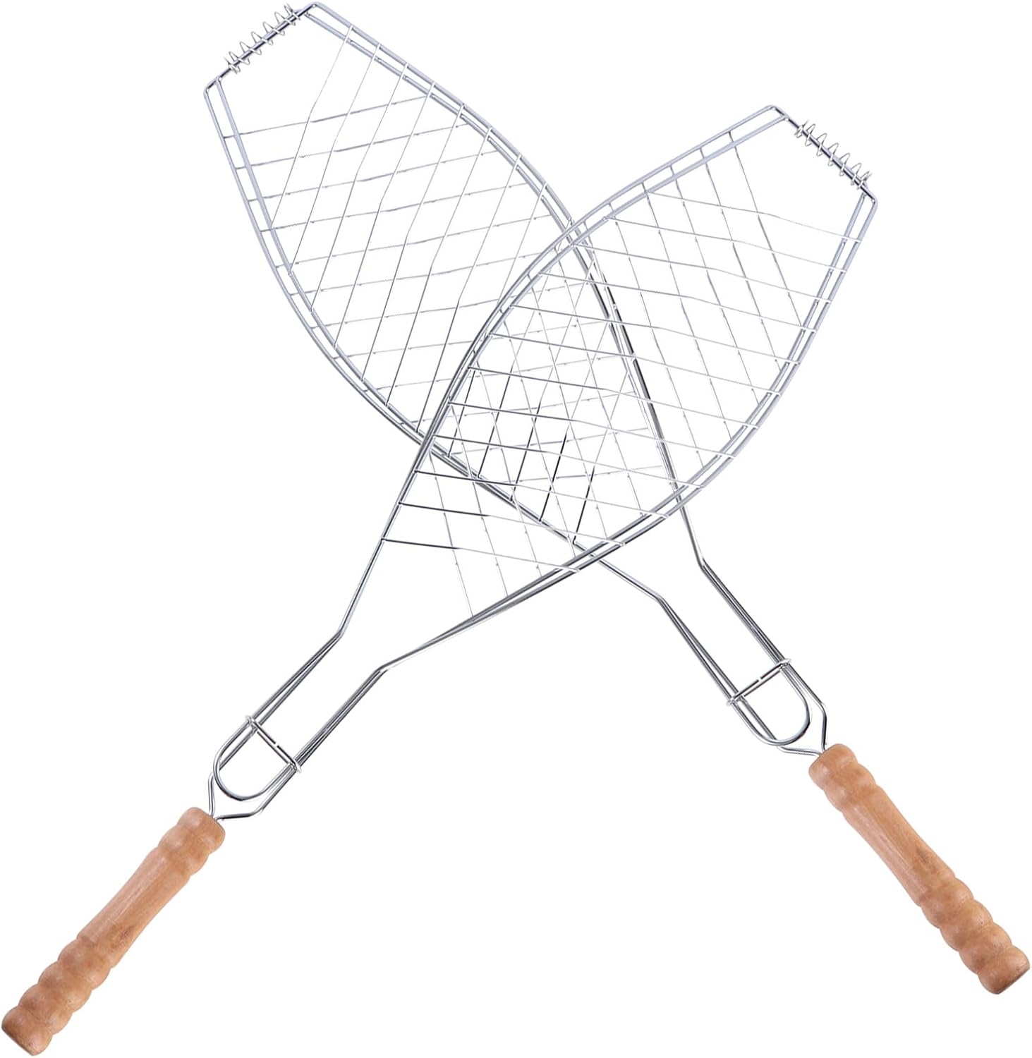 GLEAVI 2 Pcs Fish Barbecue Basket with Wooden Handle, Non-stick Iron Grill Net for Outdoor Camping and Picnic, Bbq Fish Grill Clip Tool