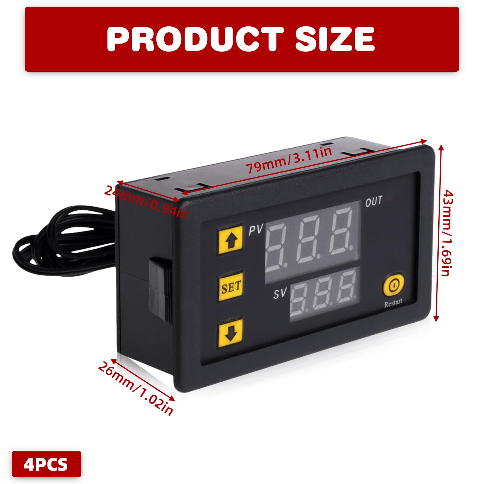 4 sztuki W3230 cyfrowy termostat, DC 12 V, 20 A, cyfrowy regulator temperatury z wyświetlaczem LCD, wodoszczelny, cyfrowy wyświetlacz, termostat grzewczy, przekaźnik regulatorowy, z sondą czujnika NTC