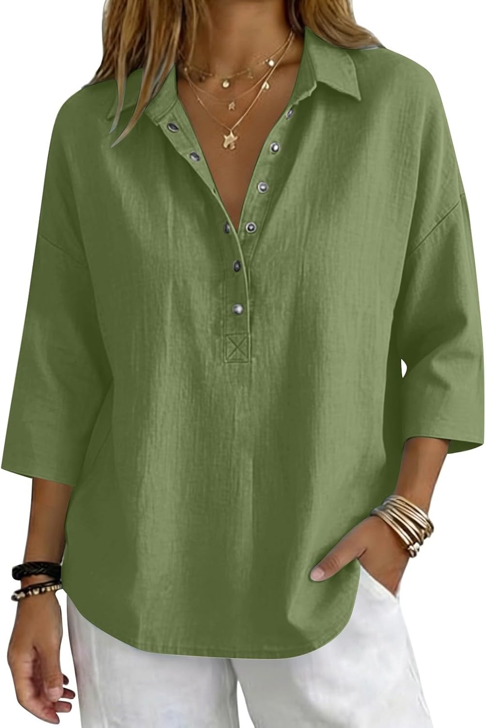Linen Shirts for Women Casual Spring Summer 3/4 Sleeve V Neck Button up Henley Blouses Vacation Comfy Travel Tunic Tops