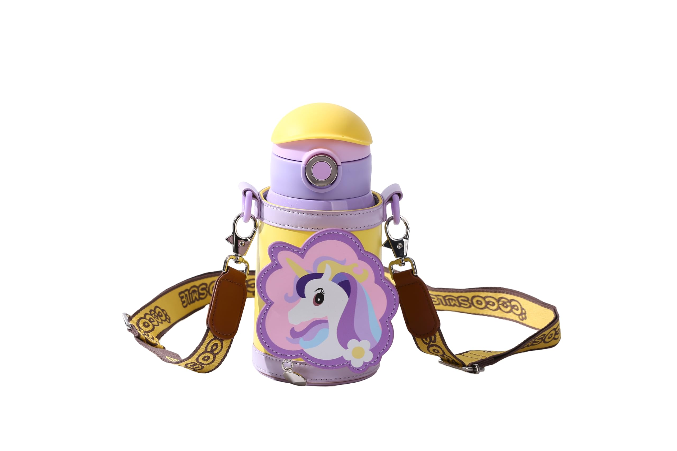 Cocosmile Unicorn Drinking Kids Insulated Water Bottle - Easy Open Button Carrying Lanyard with Zipper Pouch - Stainless