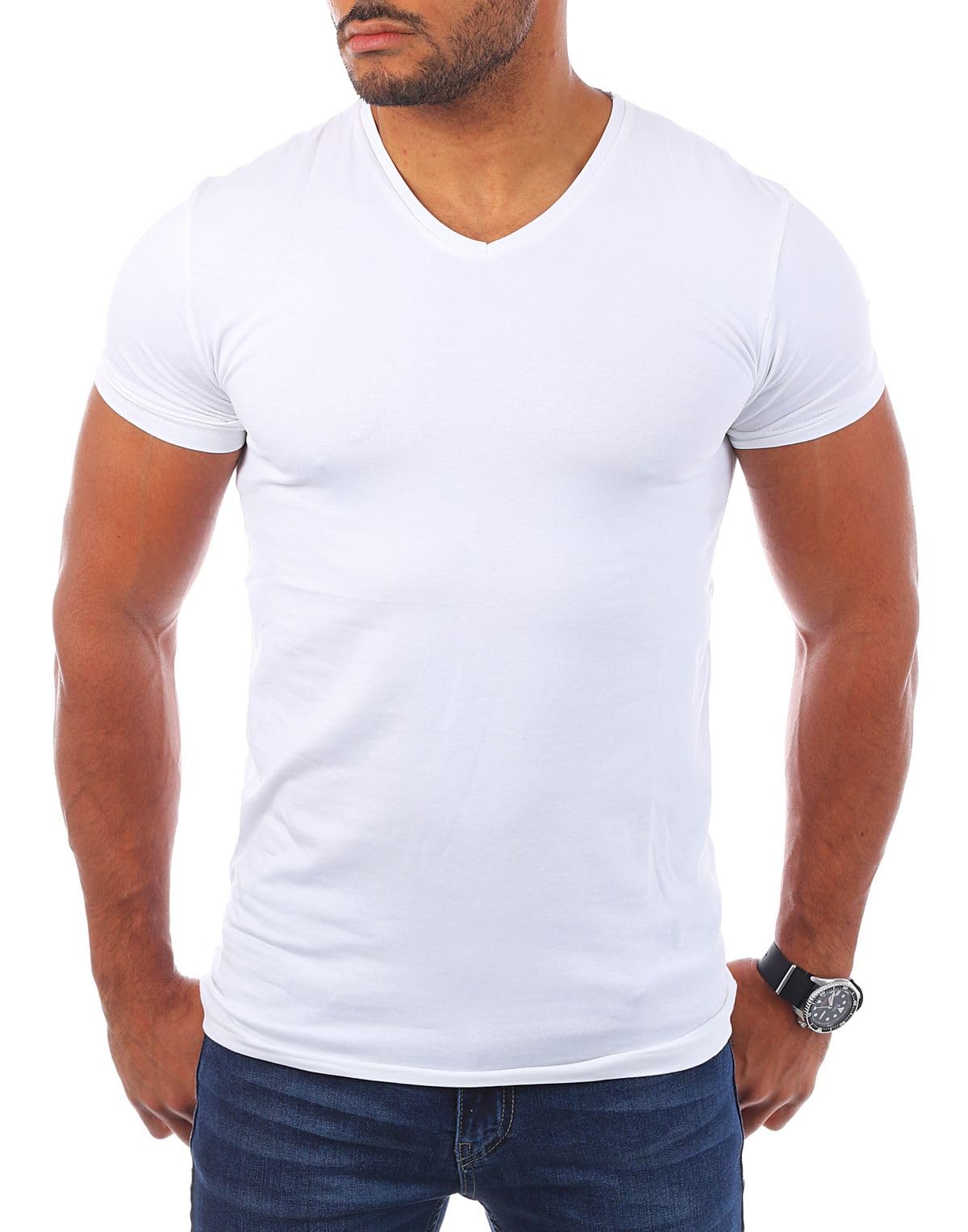 Young & Rich Herren Uni T-Shirt mit V-Ausschnitt Basic V-Neck Tee mit Stretchanteilen einfarbig Slim fit 1700