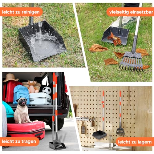 Furggis Hundekotschaufel, 2 Stück Dog Pooper Scooper Hundekotschaufel und Harke Metall Rechen Kehrschaufel für große mittlere kleine Hunde mit Lange verstellbare Griff Rake Waste Removal