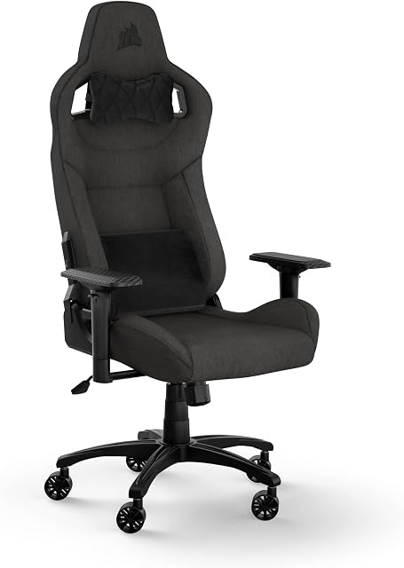 Corsair T3 Chaise de jeu de tissu Rush (2023) – Design inspiré par la course – Tissu souple extérieur – Coussin de cou rembourré – Support Lombaire en mousse mémoire – Hauteur du siège réglable – Charbon