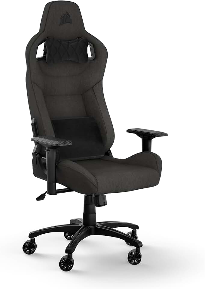 Corsair T3 Rush Fabric Gaming Chair (2023) – Racing-Inspired Design – Soft Fabric Exterior – Padded Neck Cushion – Memory Foam Lumbar Support – Adjustable Seat Height – Charcoal