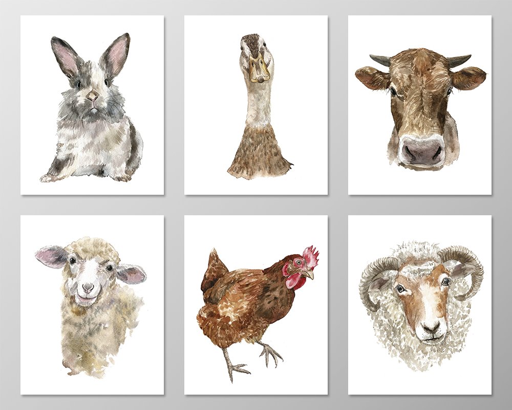 Amazon.com: Farm animal prints #A070 - Set of 6 Animal art prints (8x10 ...