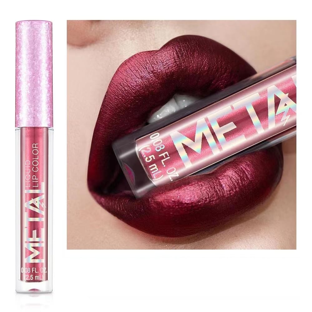 ENGBO 12 Colors Metallic Liquid Lipstick Lip Gloss Non-Stick Cup Lip Glaze Makeup Pearl Beauty Makeup (02-CHILI MAUVE)