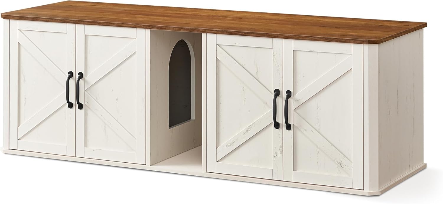 Feandrea Double Cat Litter Box Enclosure, Modern Litter Box Furniture Hidden for 2 Cats, Front Entry, Cat House, Side End Table, TV Stand, 59 x 19 x 19.5 Inches, Honey Brown, Rustic White UPCL010K01 XXL (59"L x 19"W x 19.5"H) Honey Brown + Rustic White