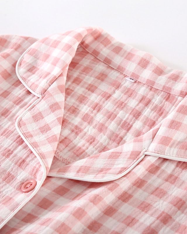 Womens Cotton Pajama Sets Plaid Short Sleeve Button Down Sleepwear Ankle Pants 3 Piece Gingham Pj Set3