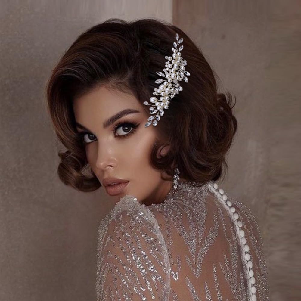 Pettine per capelli da donna con perle argentate e cristalli, accessorio per capelli con strass per spose e damigelle d'onore