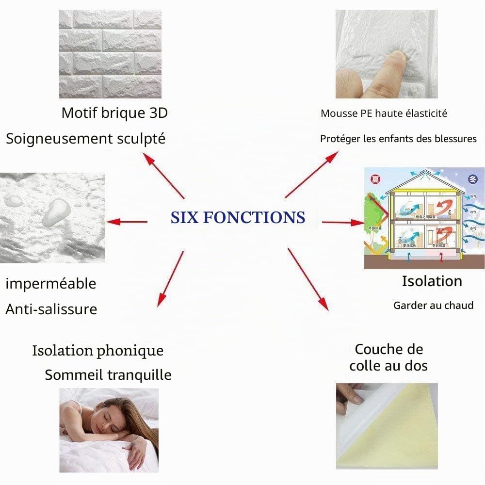 WANWEITONG PE Mousse Papier Peint en 3D Auto-Adhésif Bricolage Autocollants Muraux Décor Mural en Relief Brique en Pierre pour Bureau Chambre Séjour Décoration d'intérieur 60 * 60cm (24 Pcs, Blanc)