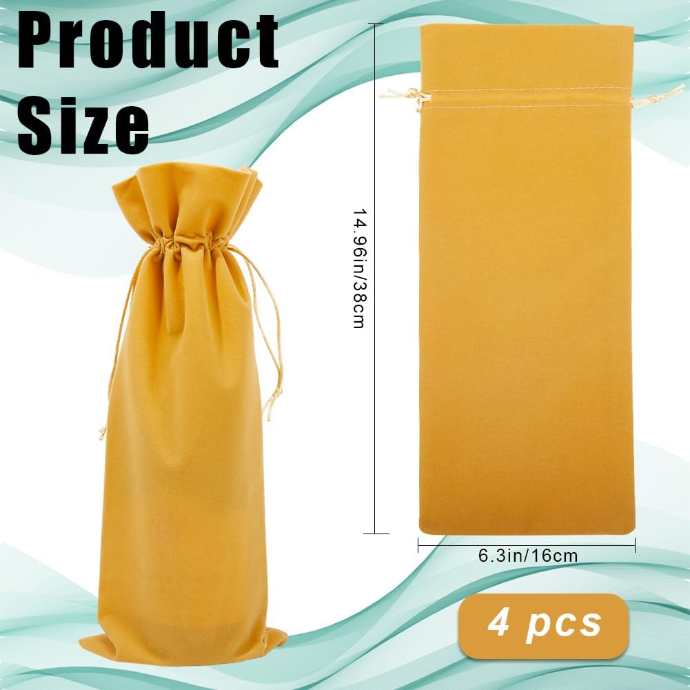 Beebeecraft 4Pcs Double Drawstring Wine Bottle Bags Velvet Wine Champagne Wrapping Bag Gold Reusable Gift Packing Pouches 14.76x5.98in for Birthday Dinner Wedding Party
