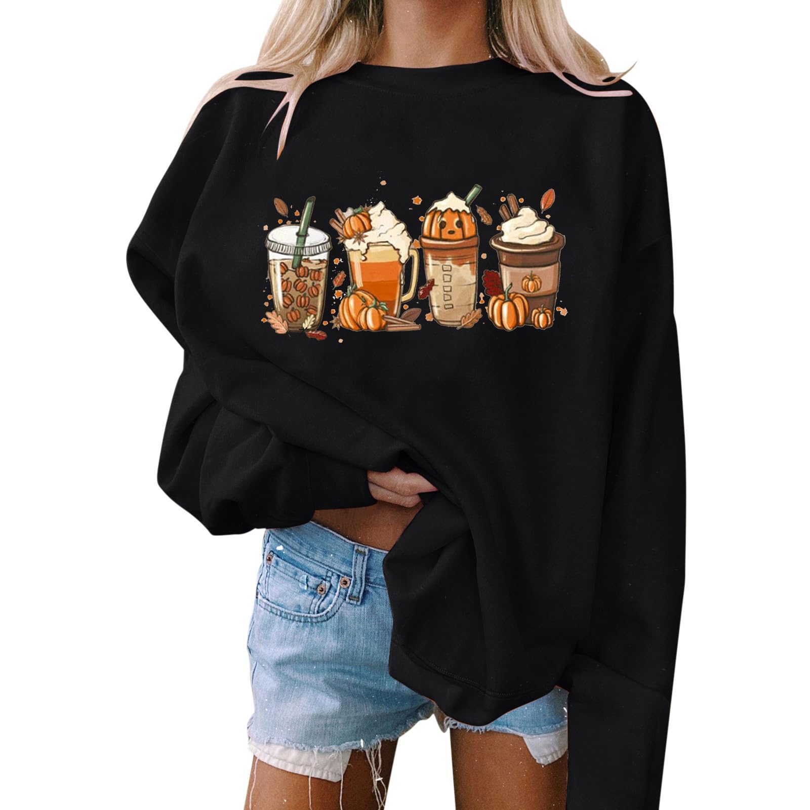 Women Halloween Sweatshirt Long Sleeve Pumpkin Coffee Graphic Sweatshirt Fall Crewneck Sweatshirt Pullover Tops