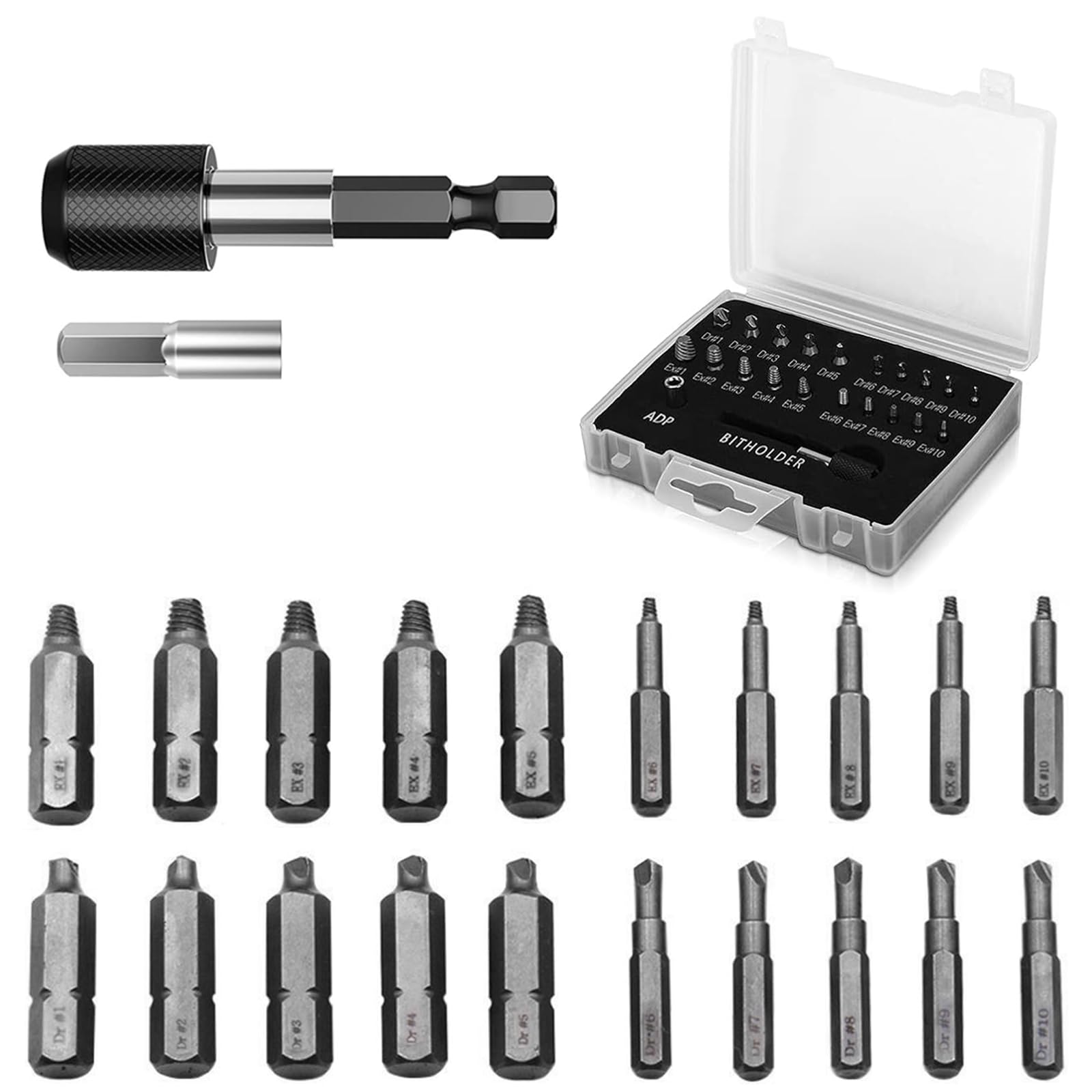 Wisfunlly 22PCS Damaged Screw Extractor Set, Stripped Kit for Broken Bolt All-Purpose Alloy Steel Screw Remover Set with Magnetic Extension Bit Holder Socket Adapter for Home DIY Garden Wood Extractor