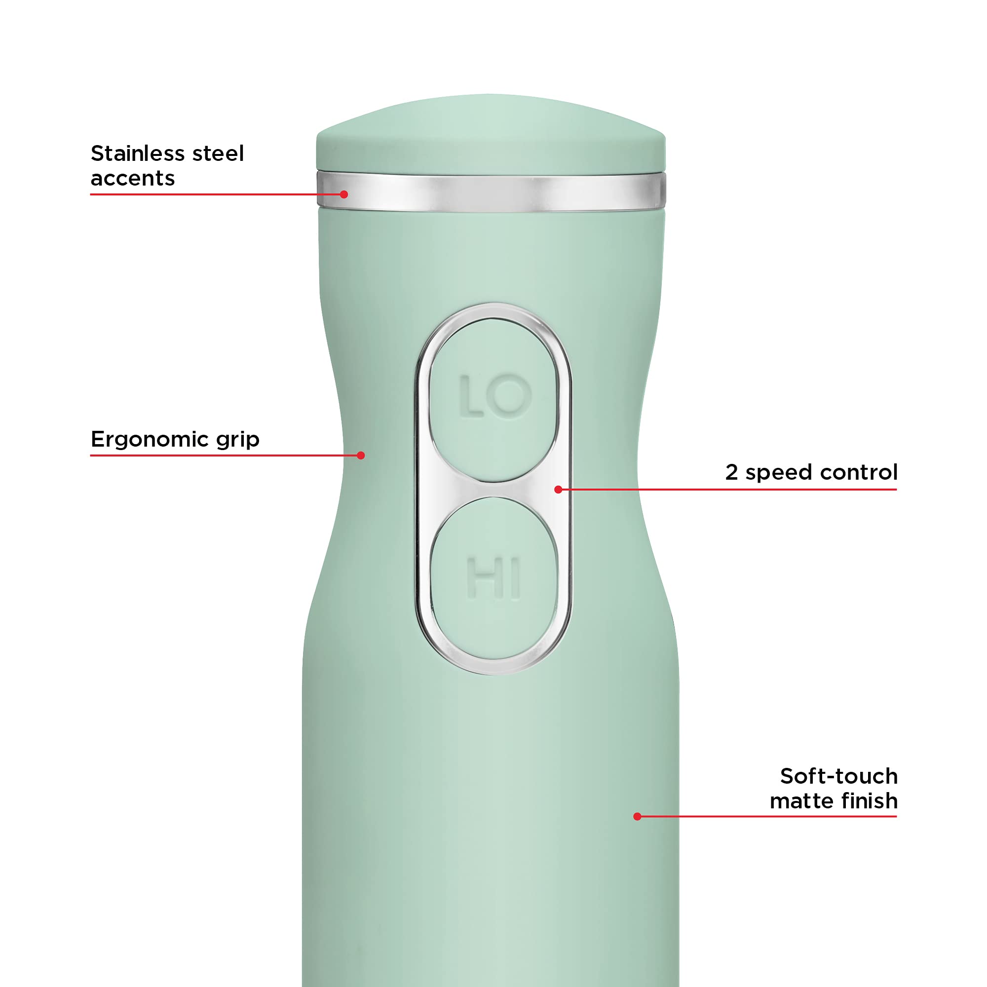 Chefman Immersion Stick Hand Blender with Stainless Steel Blades, Powerful Electric Ice Crushing 2-Speed Control Handheld Food Mixer, Purees, Smoothies, Shakes, Sauces & Soups, Sage