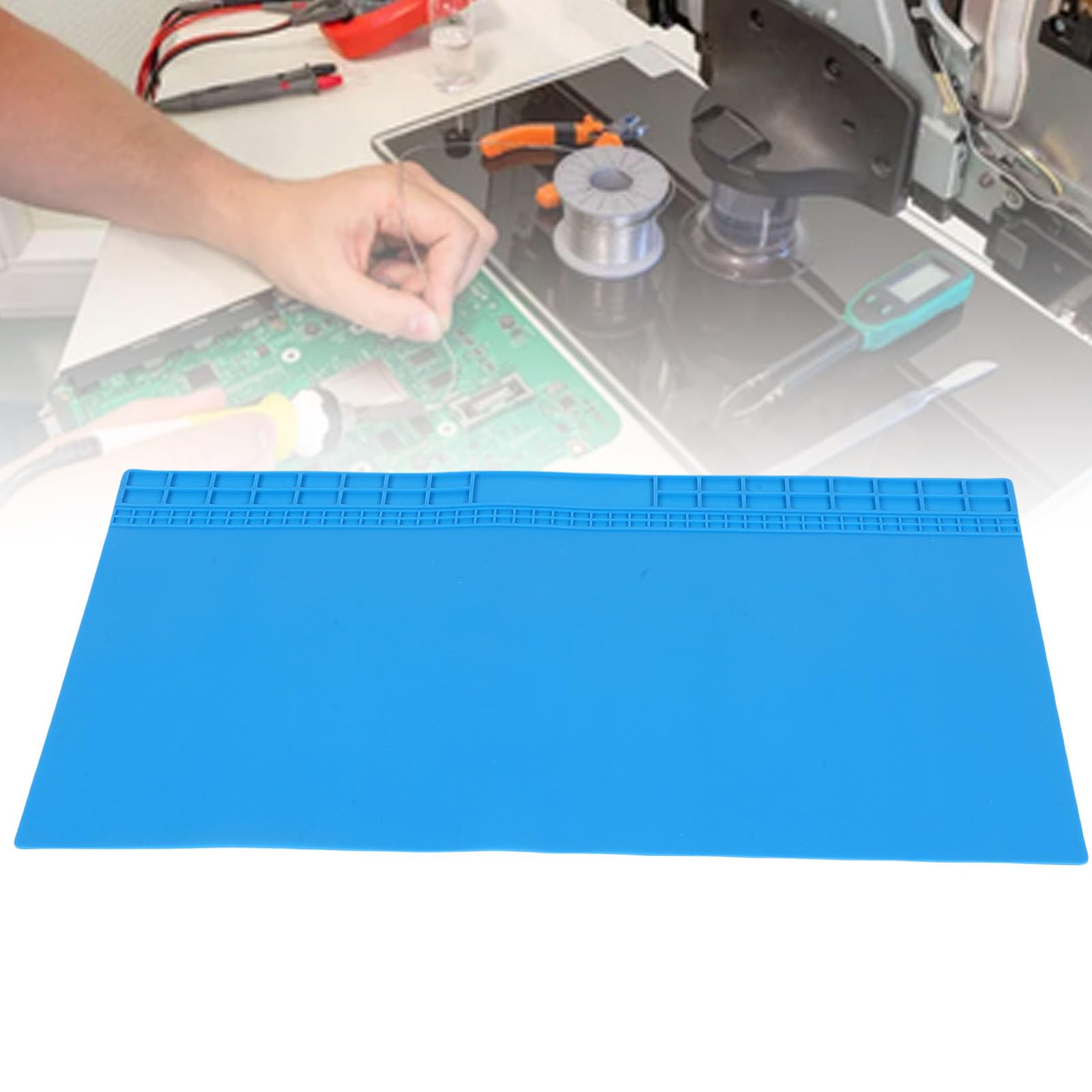 VGEBY Bardzo Duża Silikonowa Mata Lutownicza, Antypoślizgowa, żaroodporna Podkładka Warsztatowa z Organizerem śrubowym do Projektów Naprawy Elektroniki 70x40cm (BLUE)